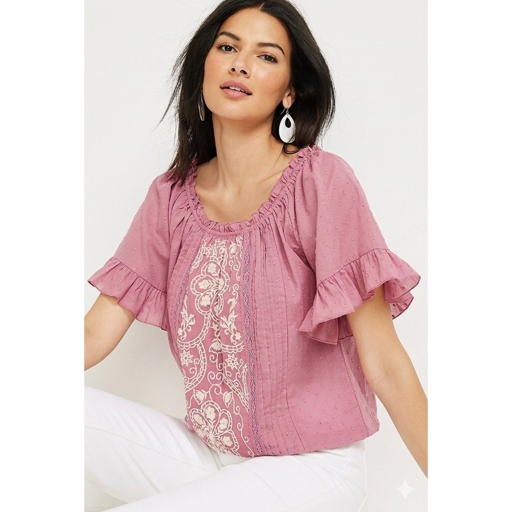 Boho Chic Pink Festival Embroidered Poet Top Cottagecore Size XXL Peasant